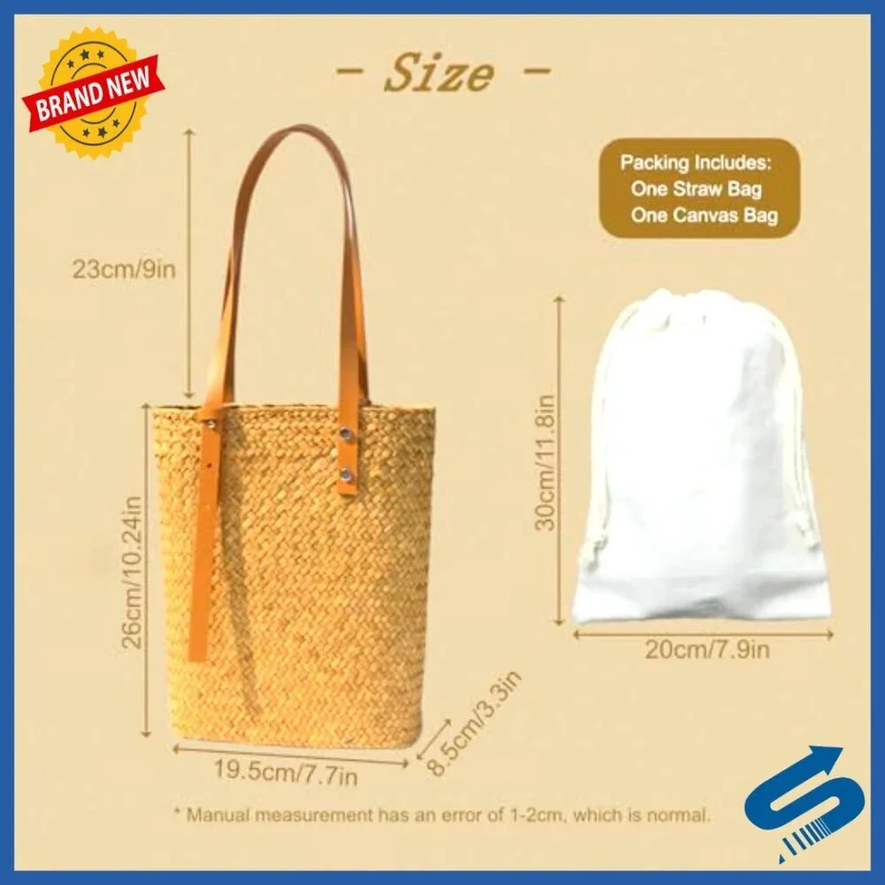 Natural Rattan Woven Tote Bag Handmade Beach Purse Summer Vacation Boho